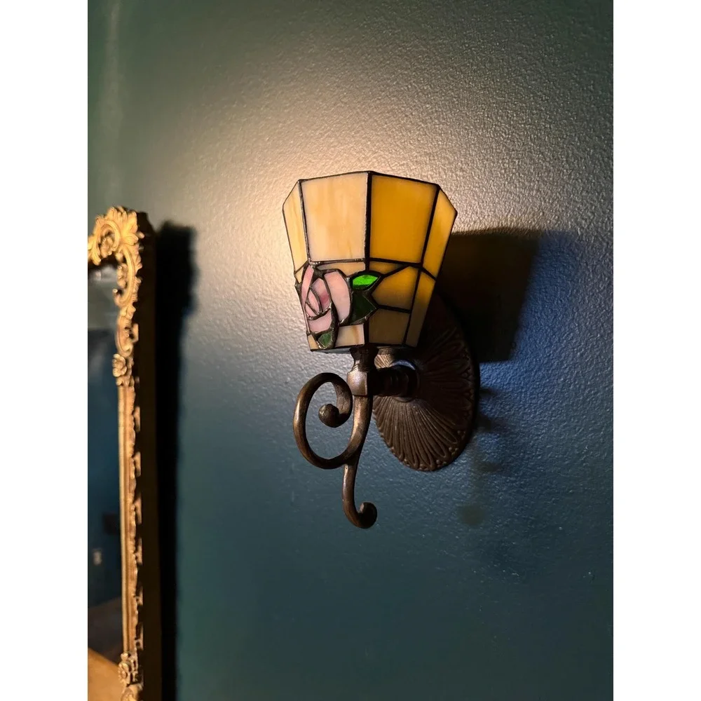 Vintage Stained Glass Rose Wall Sconces Pair Votive Candle Holders Tiffany Style